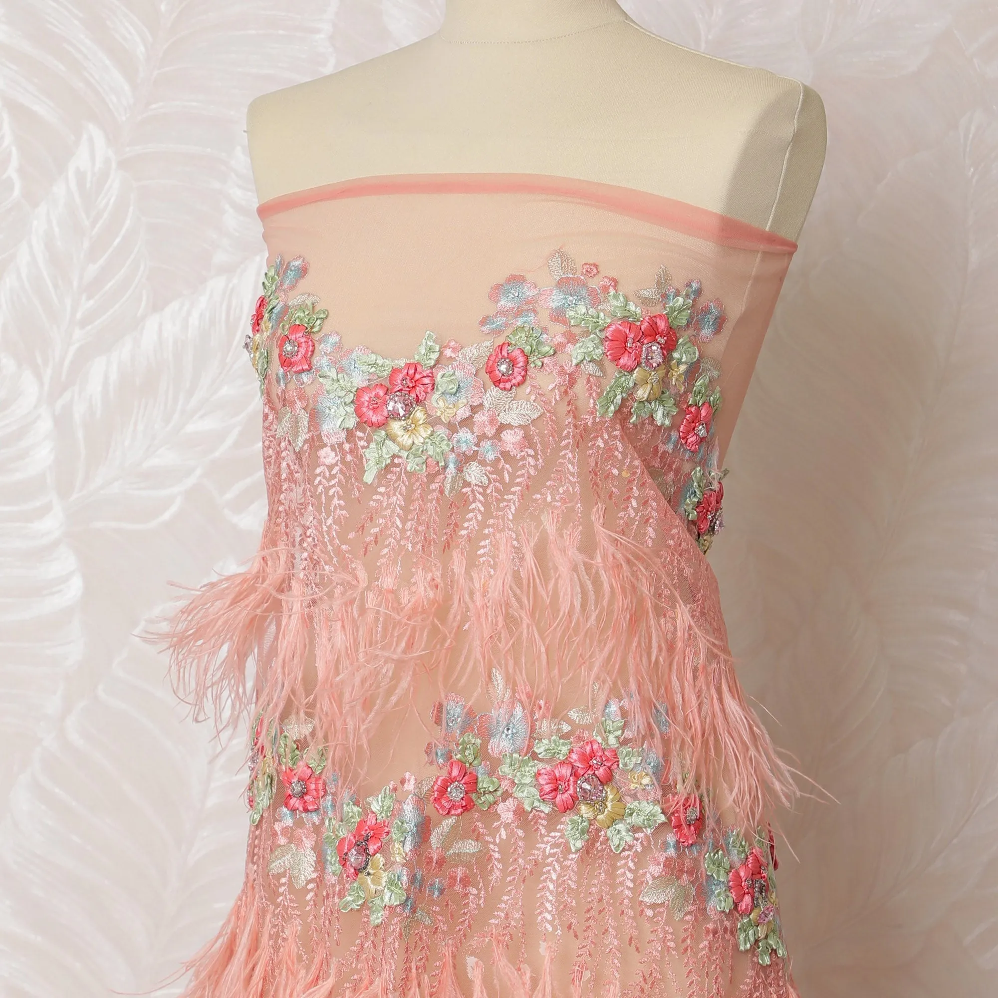 Charming Peach Feathered and Floral Embroidered Nylon Tulle Fabric, 140 cm Wide â€“ Delicate Feminine Design-D19250