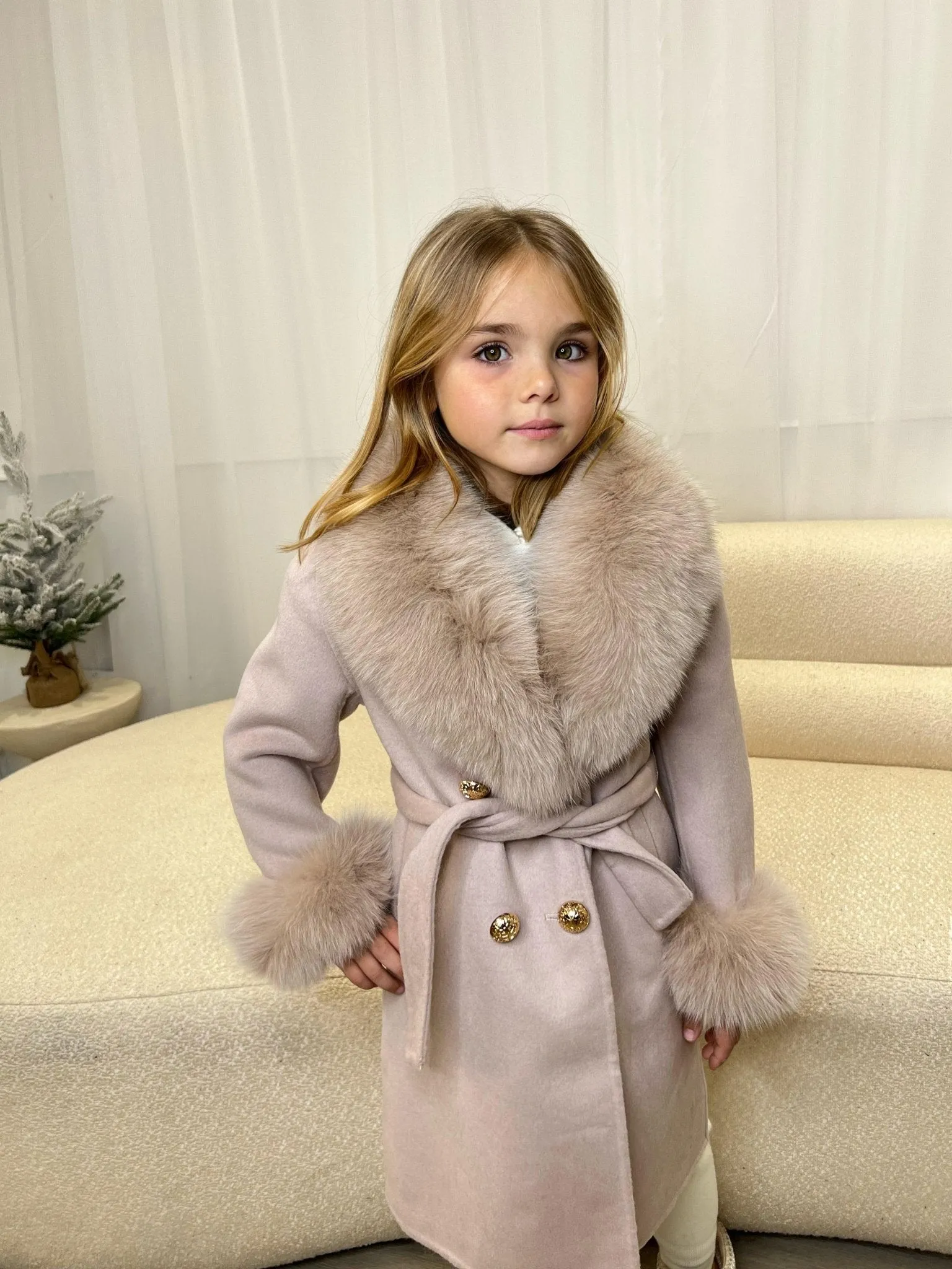 Childrens Latte Luxury Fur Cashmere Coat