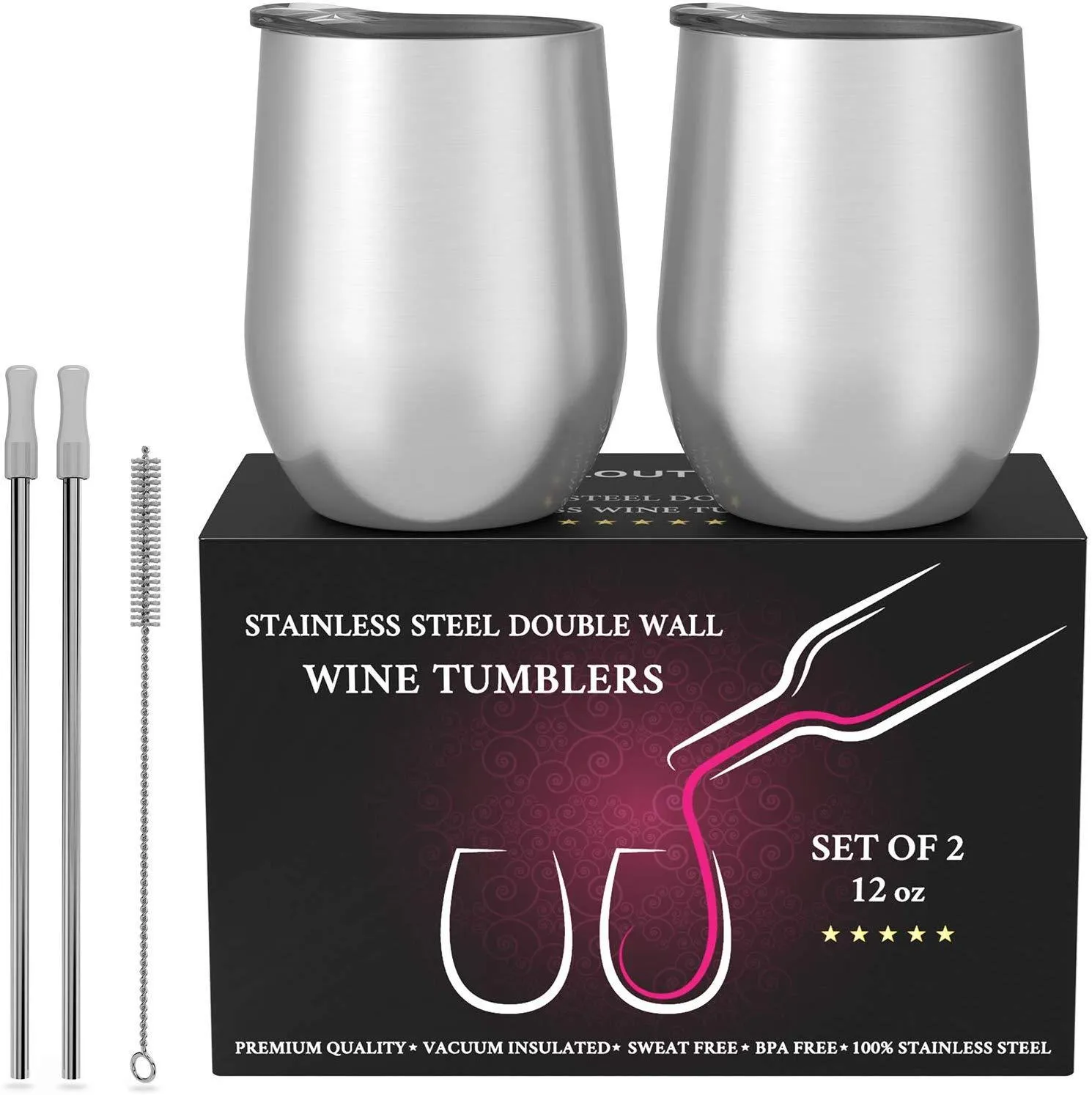 CHILLOUT LIFE 12 oz Stainless Steel Wine Tumbler 2 Pack for Coffee, Wine, Cocktails, Ice Cream