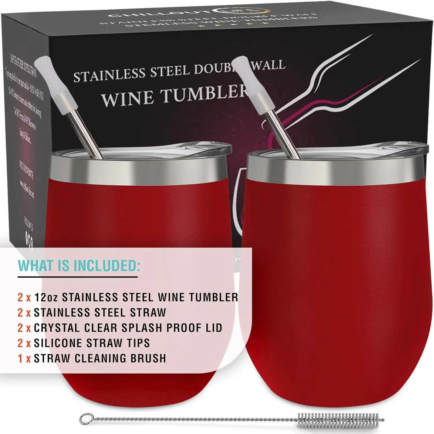 CHILLOUT LIFE 12 oz Stainless Steel Wine Tumbler 2 Pack for Coffee, Wine, Cocktails, Ice Cream