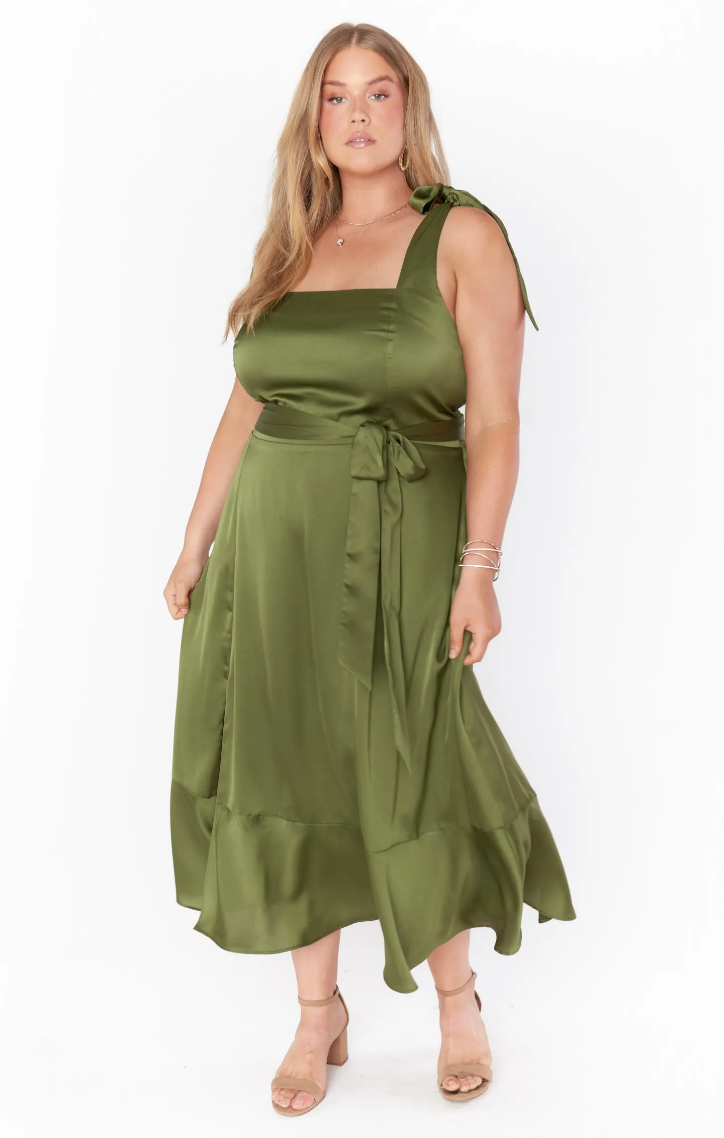 Claire Midi Dress ~ Rich Olive Luxe Satin