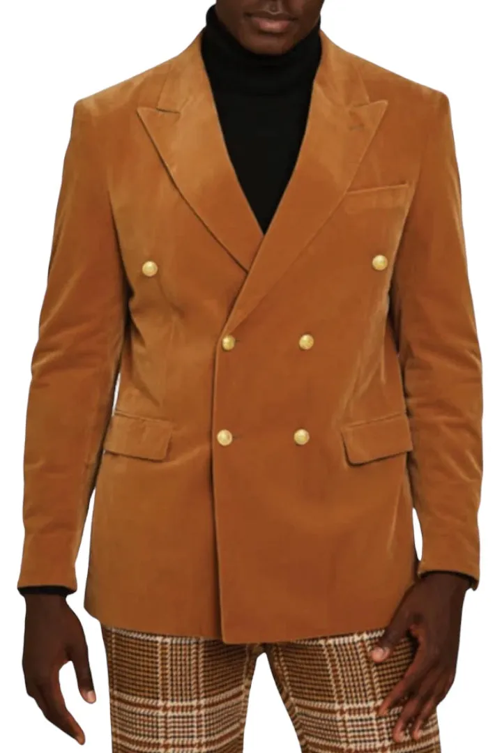 Cognac Inserch Men's Double Breasted Velvet Blazer Gold Buttons