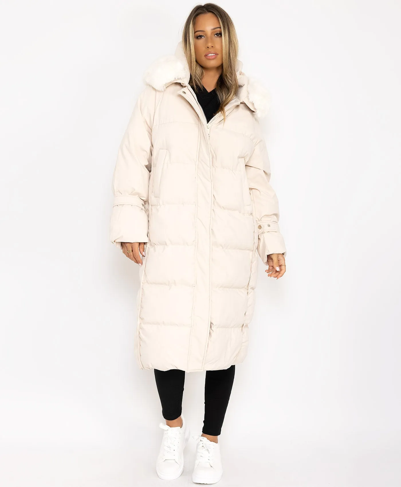 Cream Longline Faux Fur Hooded Oversize Padded Coat Jacket