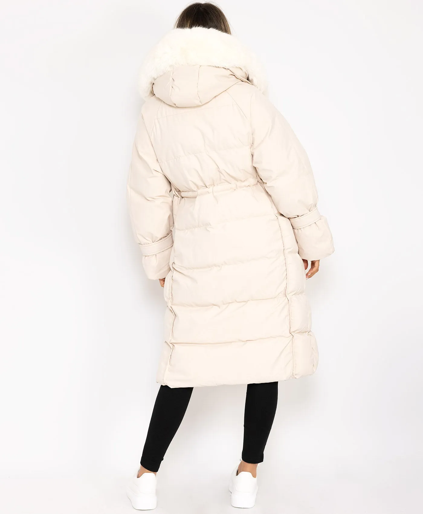 Cream Longline Faux Fur Hooded Oversize Padded Coat Jacket