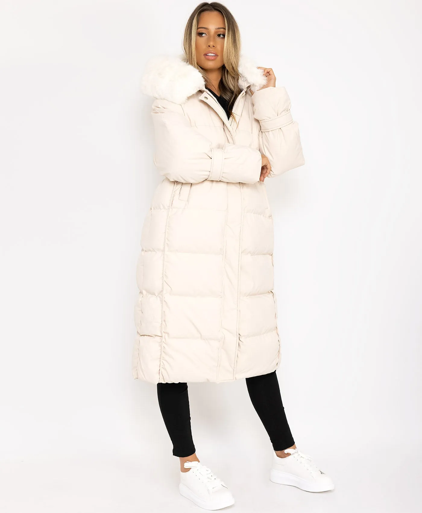 Cream Longline Faux Fur Hooded Oversize Padded Coat Jacket