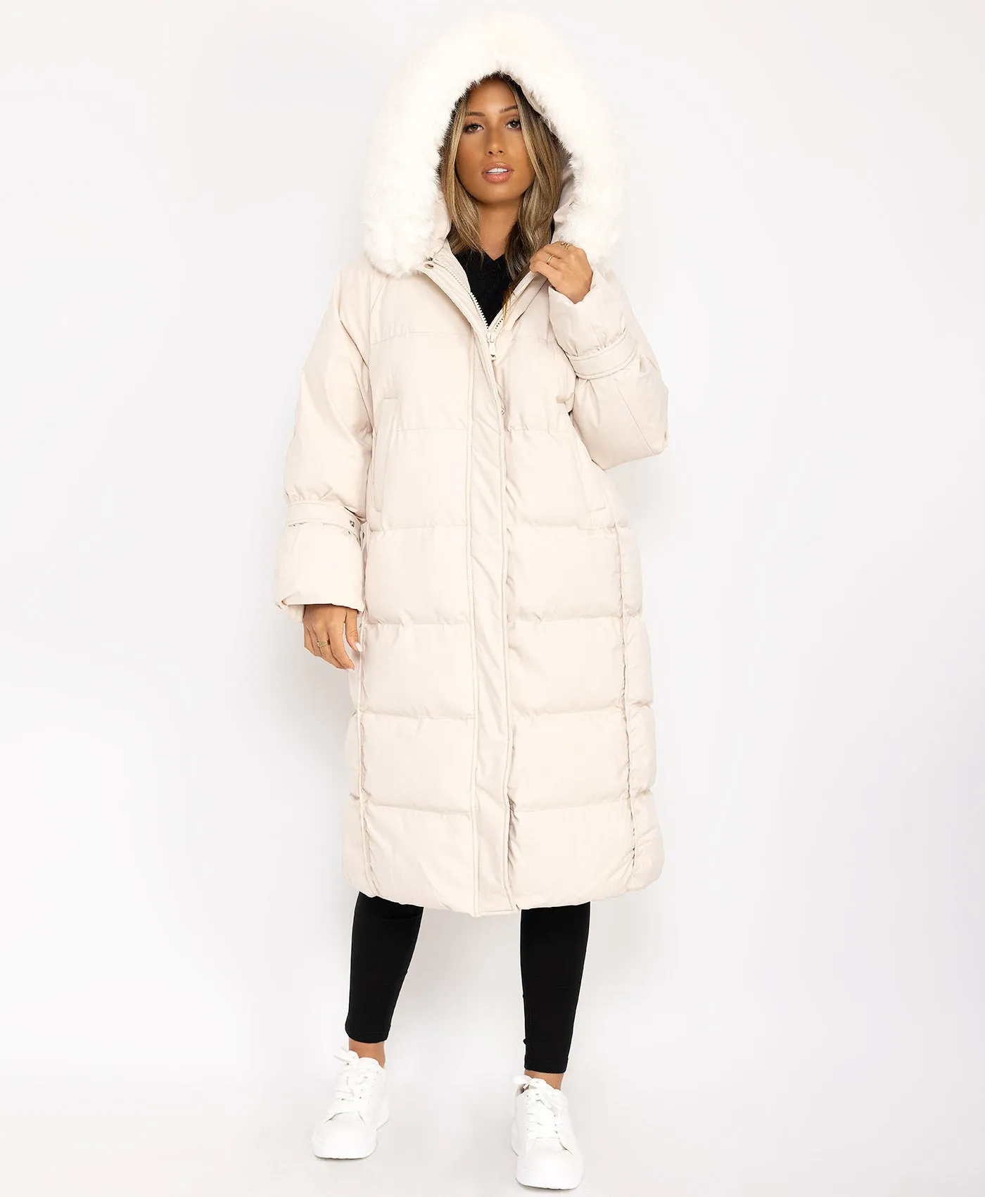 Cream Longline Faux Fur Hooded Oversize Padded Coat Jacket