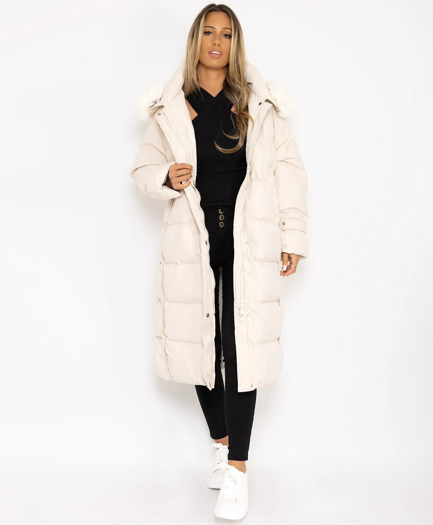 Cream Longline Faux Fur Hooded Oversize Padded Coat Jacket