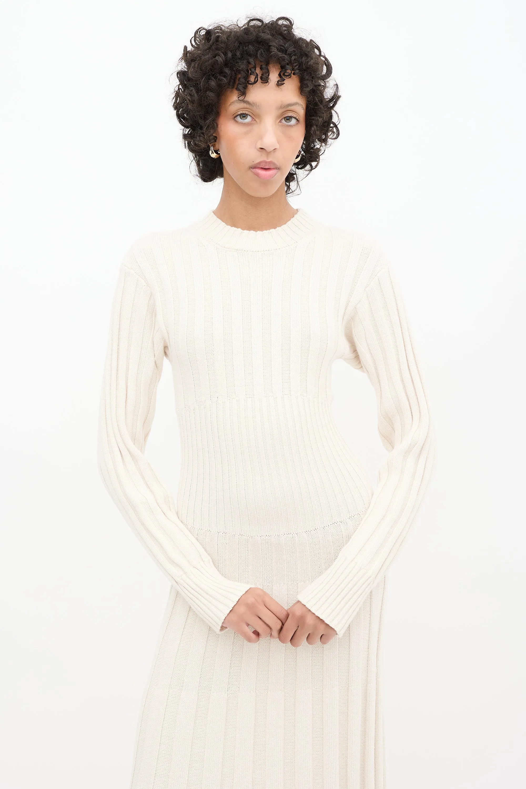 Cream Ribbed Knit Long Sleeve Midi Dress