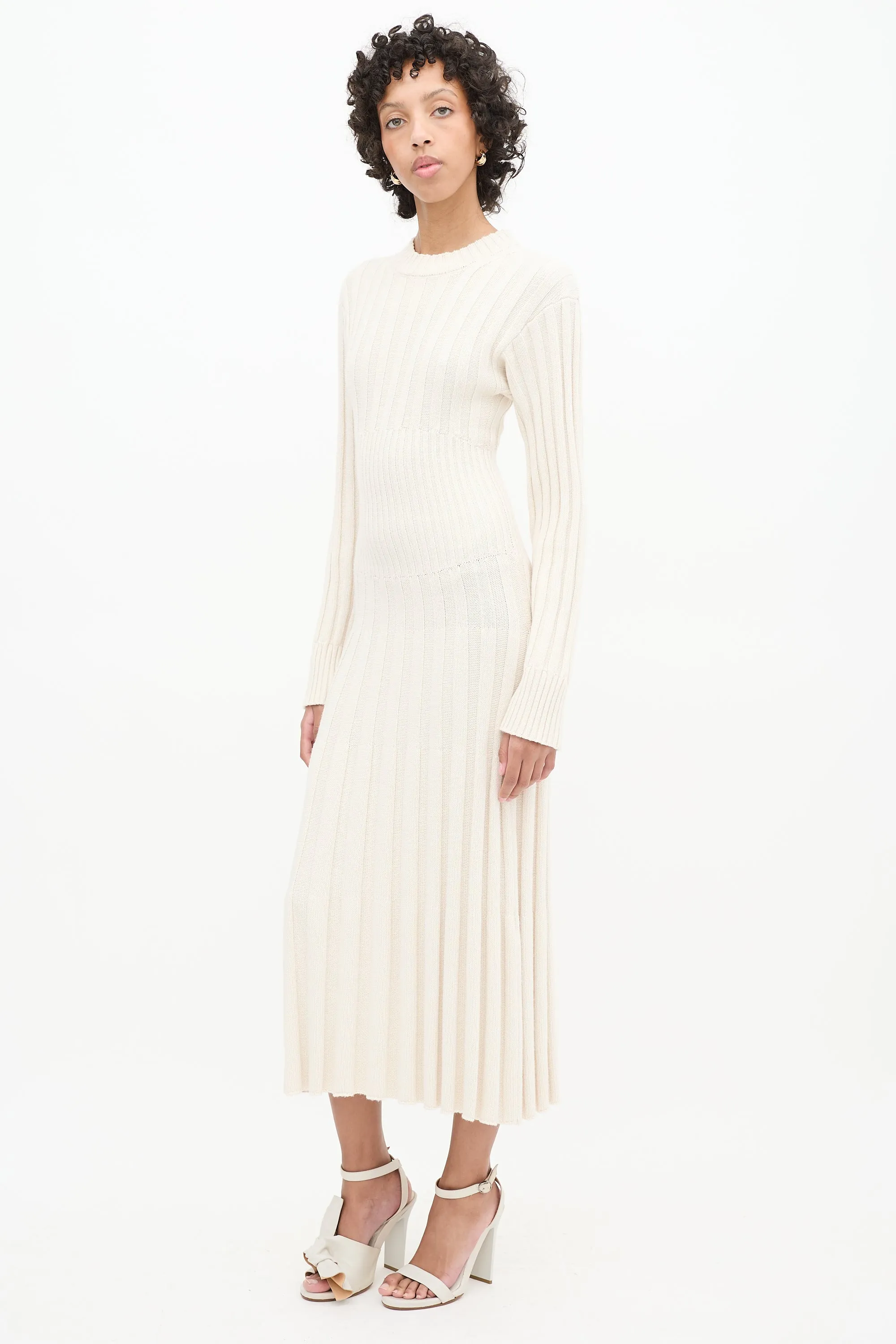 Cream Ribbed Knit Long Sleeve Midi Dress