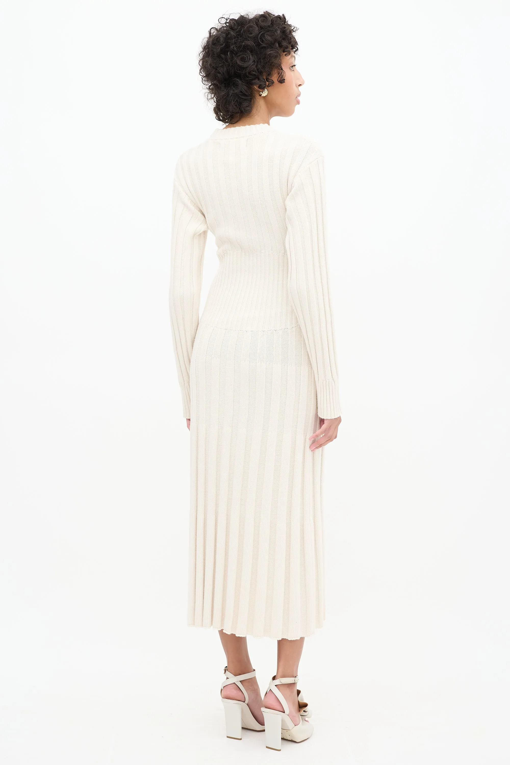 Cream Ribbed Knit Long Sleeve Midi Dress