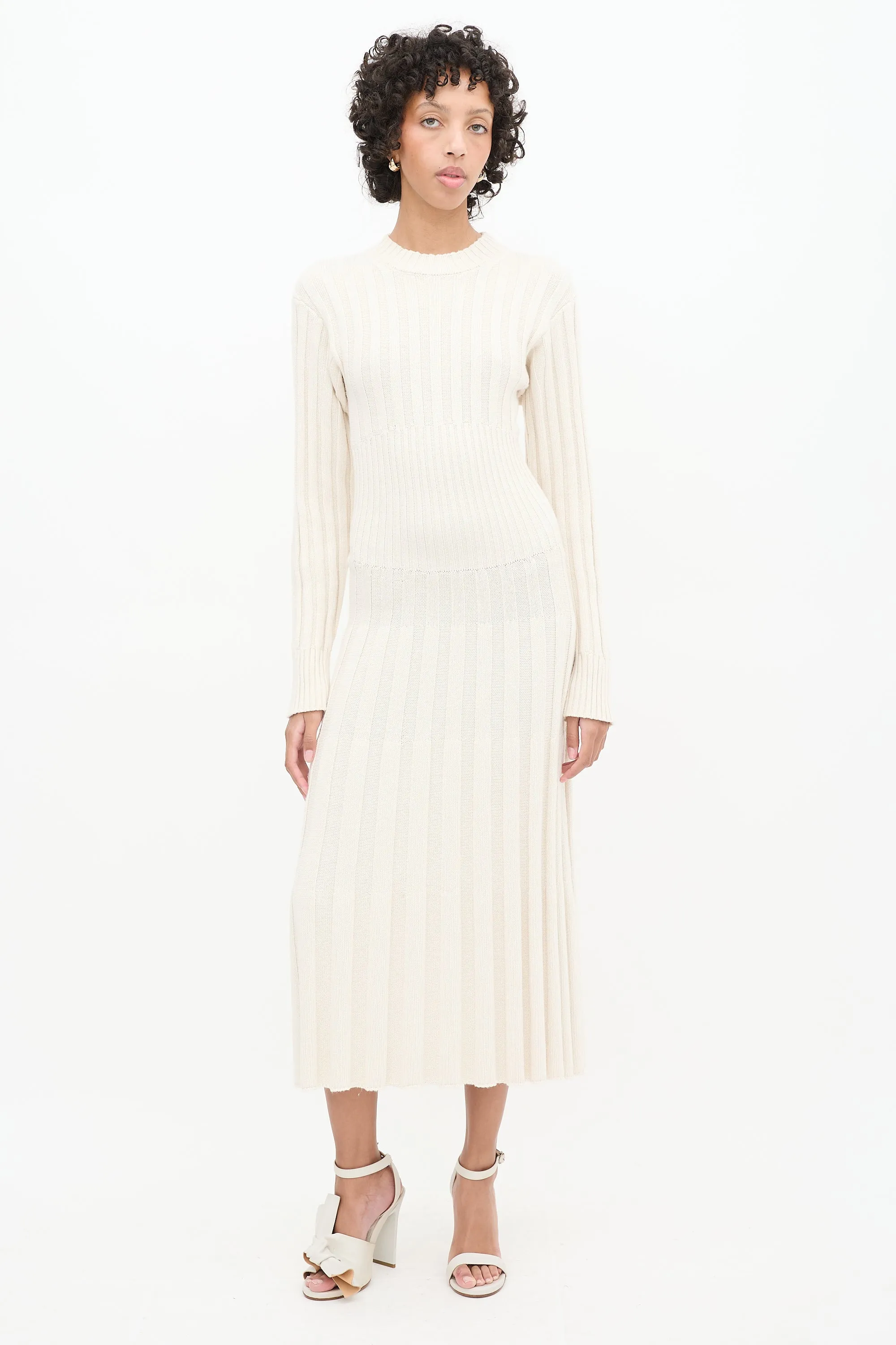 Cream Ribbed Knit Long Sleeve Midi Dress