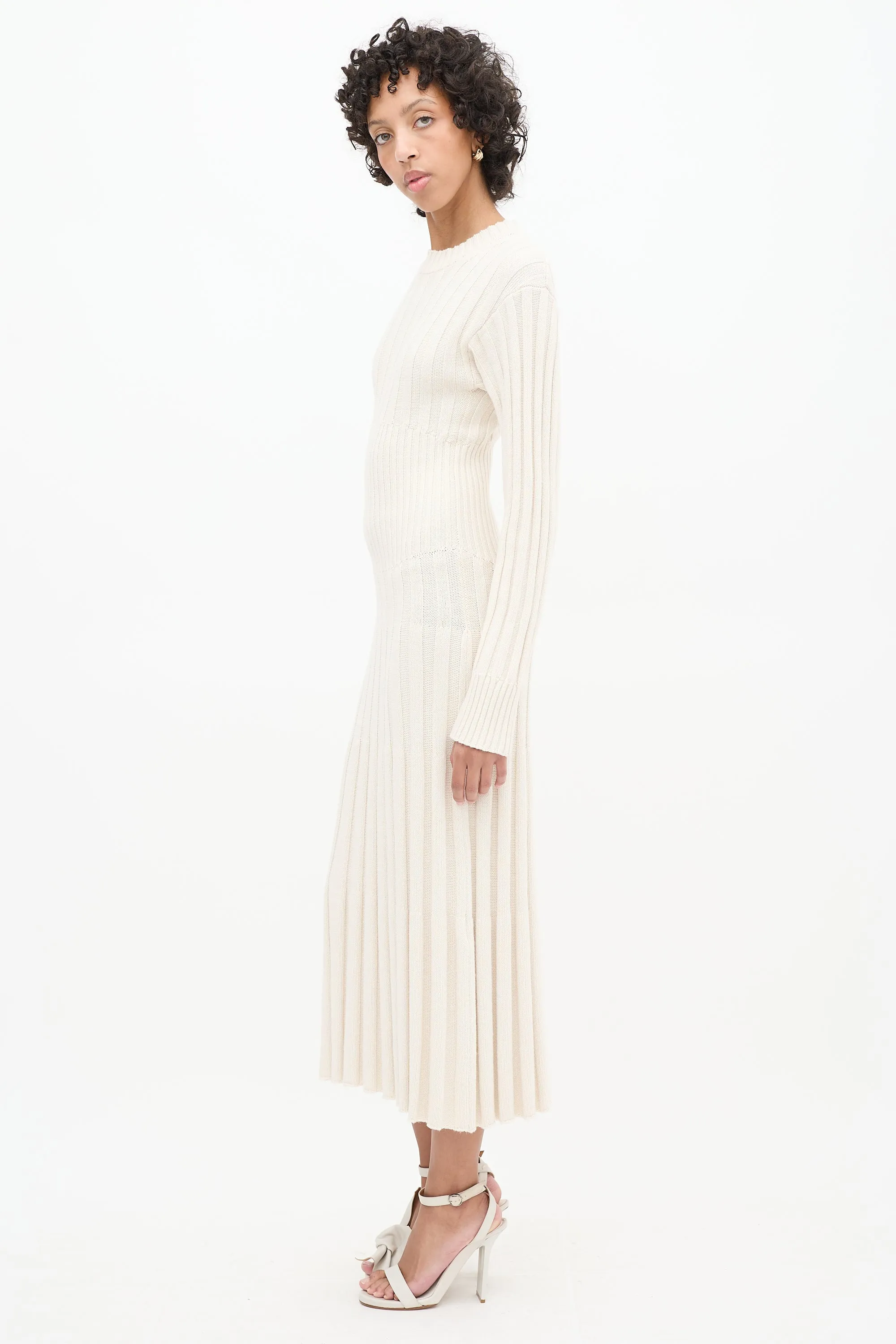 Cream Ribbed Knit Long Sleeve Midi Dress