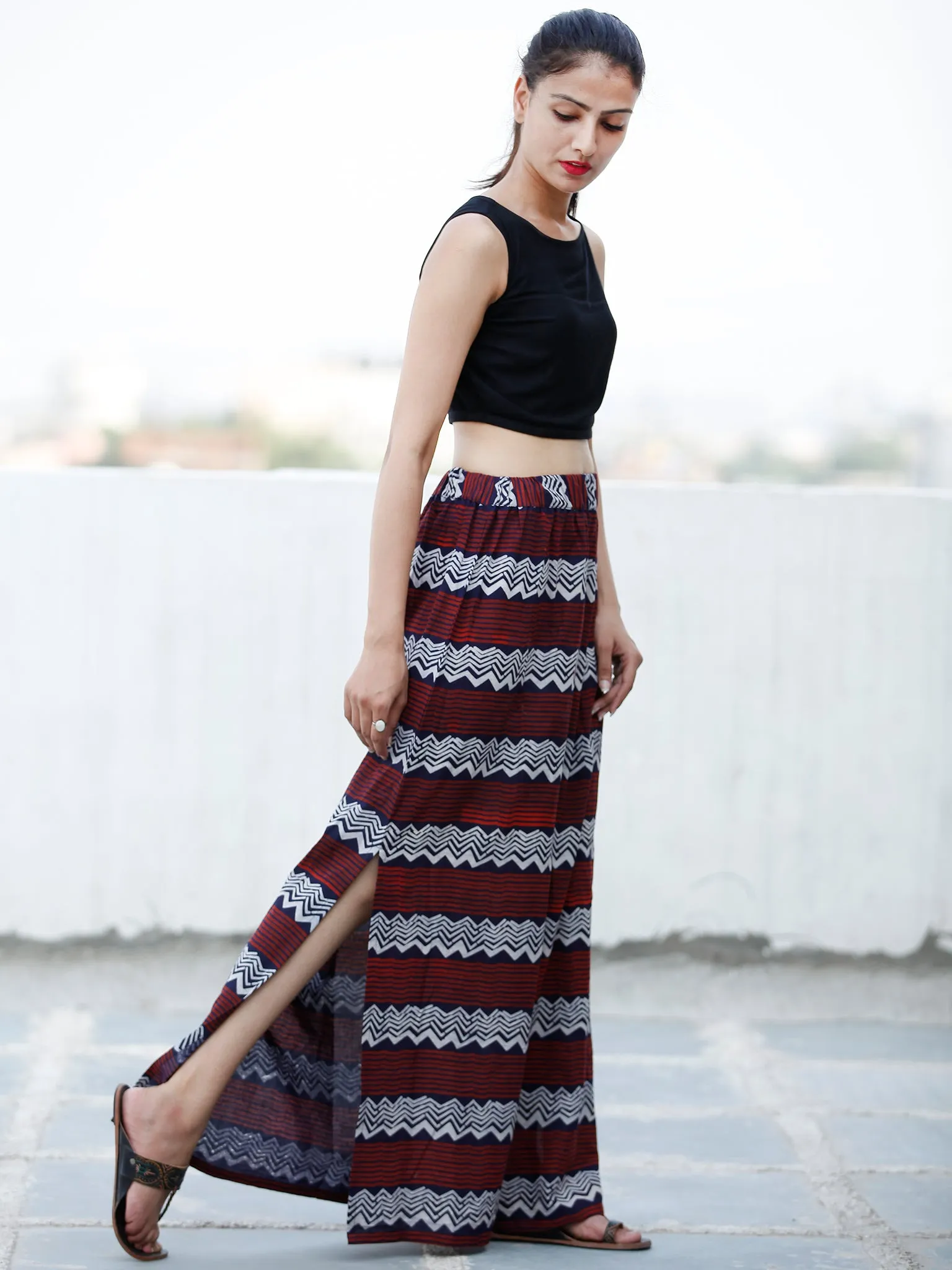 Crimson Red Indigo white Hand Block Printed Straight Skirt With Side Slits - S40FXXX