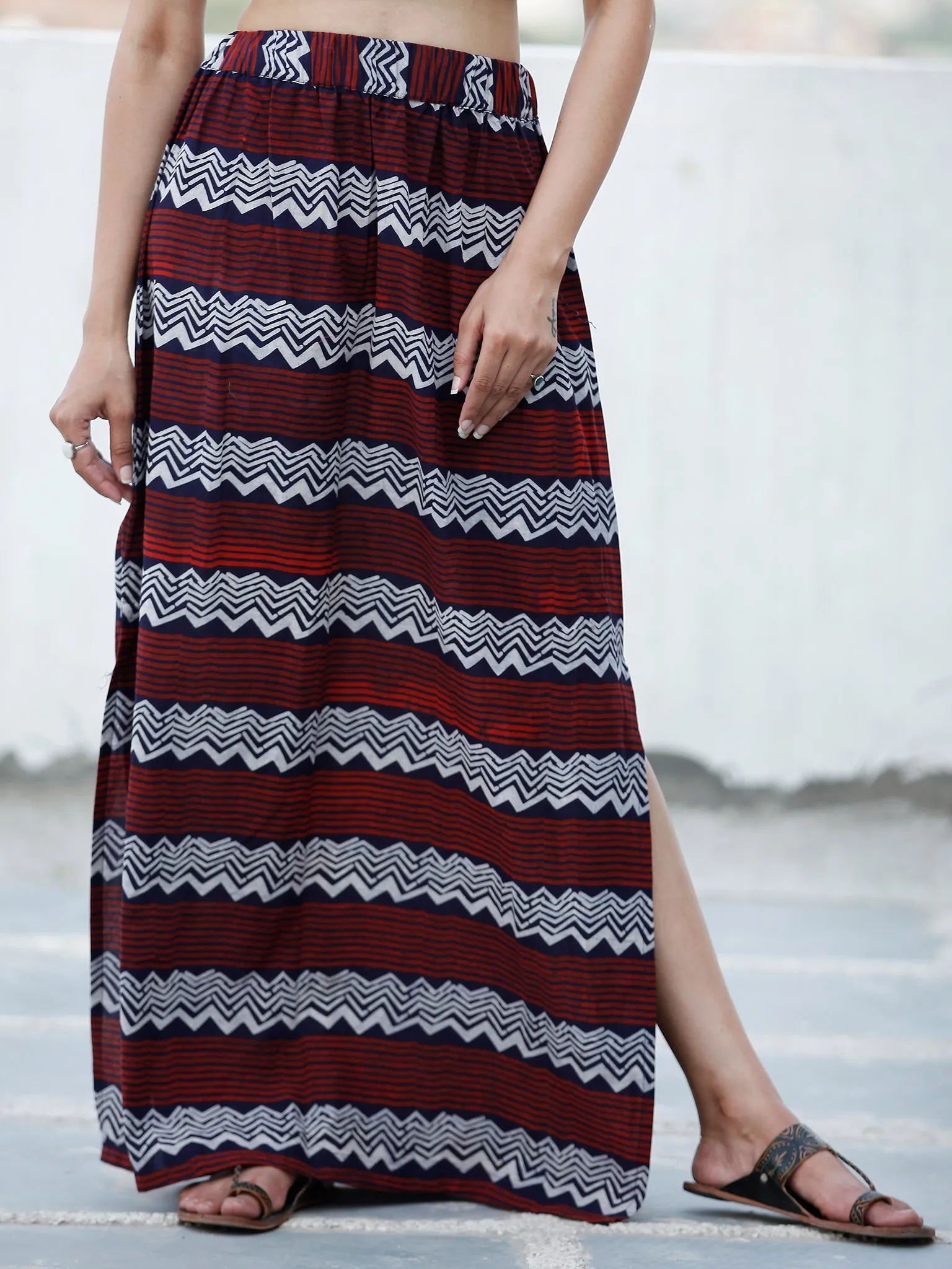 Crimson Red Indigo white Hand Block Printed Straight Skirt With Side Slits - S40FXXX