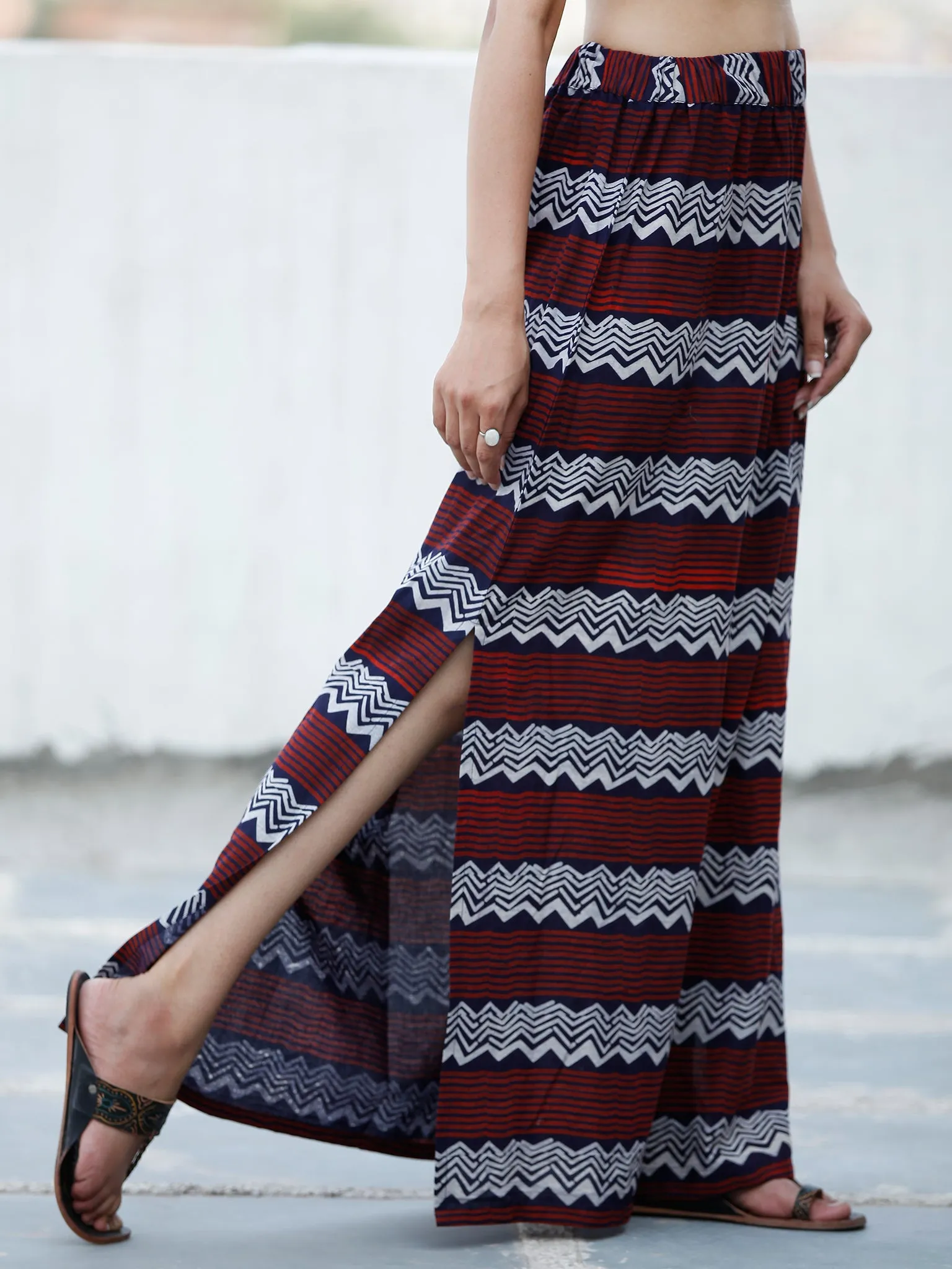 Crimson Red Indigo white Hand Block Printed Straight Skirt With Side Slits - S40FXXX