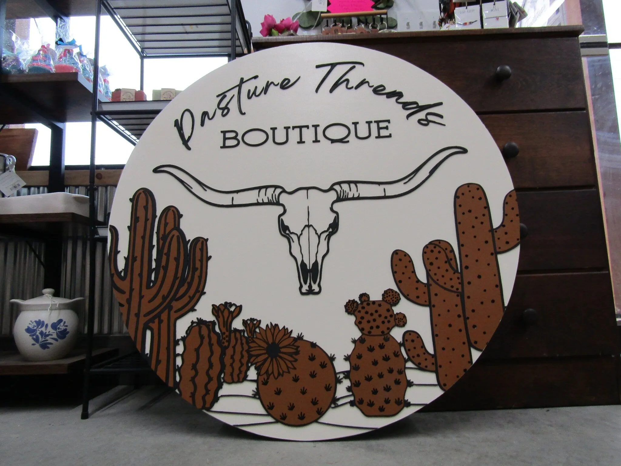 Custom Boutique Logo Sign Commerical Signage Longhorn Desert Steer Cactus Cacti Skull Rustic Look 3D Raised Elevated Round Circle Storefront