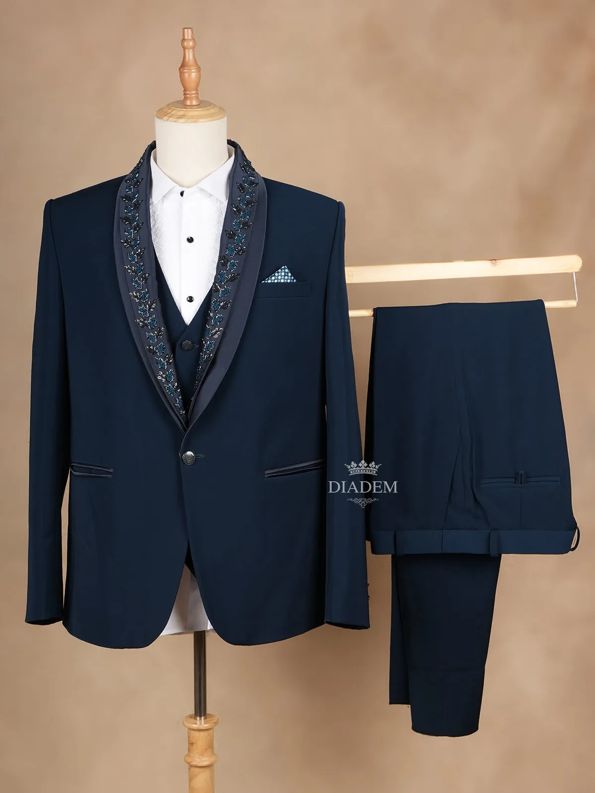 Dark Blue Coat Suit Set with Floral Embroidery Designs and Pocket Square