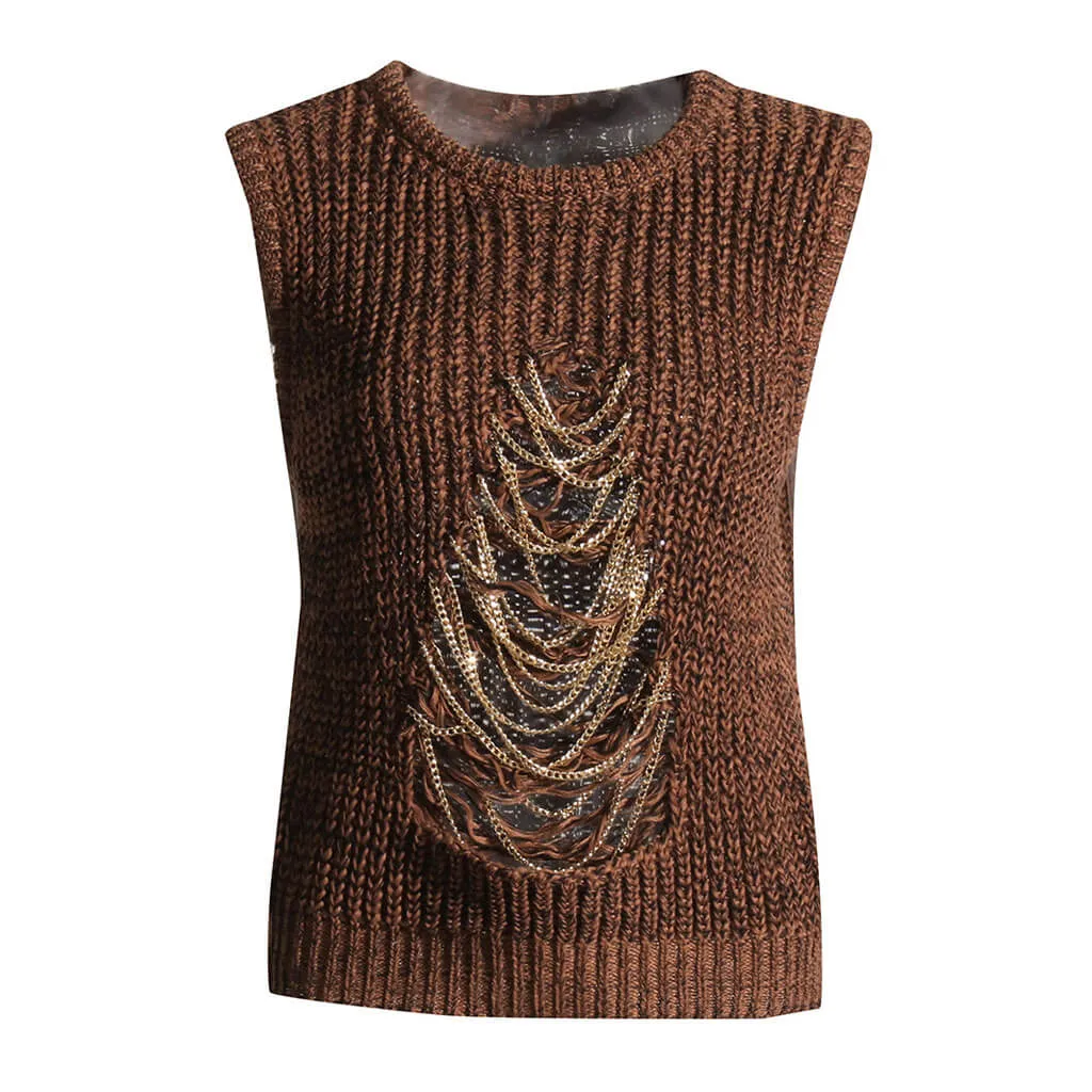 Draping Metallic Chain Distressed Front Marled Brioche Rib Knit Vest - Brown