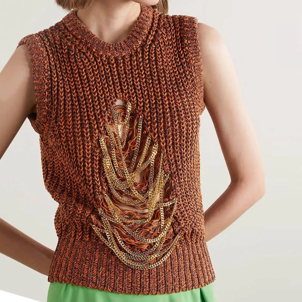 Draping Metallic Chain Distressed Front Marled Brioche Rib Knit Vest - Brown