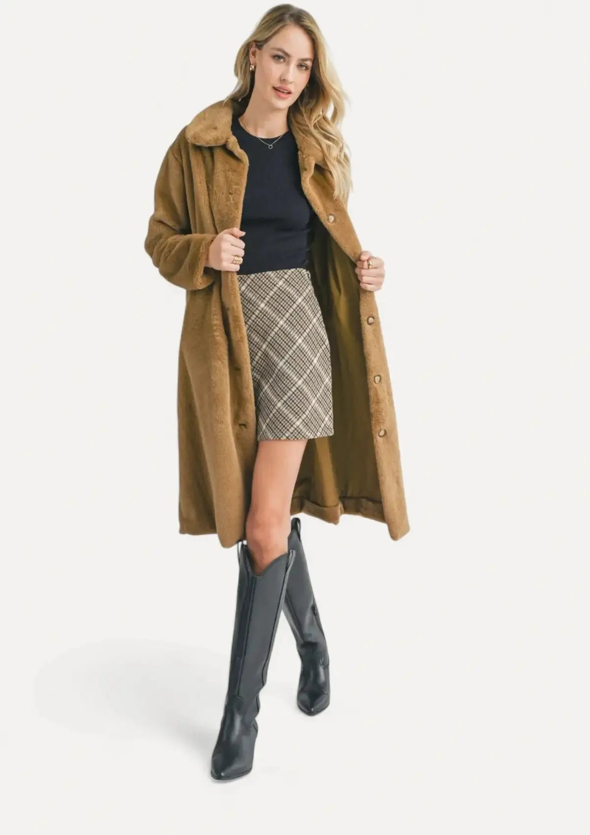 Eden Faux Fur Buttoned Long Coat - Teddy Bear