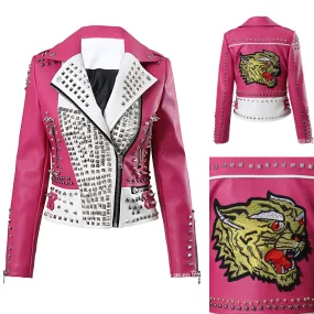 Elegant Leather Pink Studded Tiger Biker Jacket