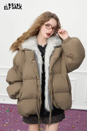 ELFSACK 2024 Winter New Arrivals Fake fur collar stitching down jacket women raglan long sleeve warm coat