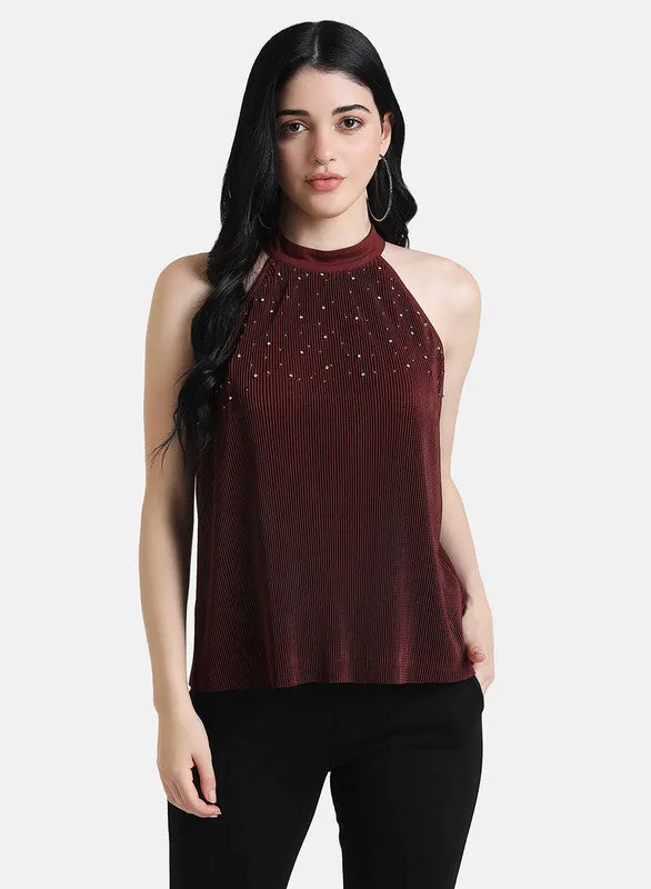 Embellished & Pleated Halter Neck Top