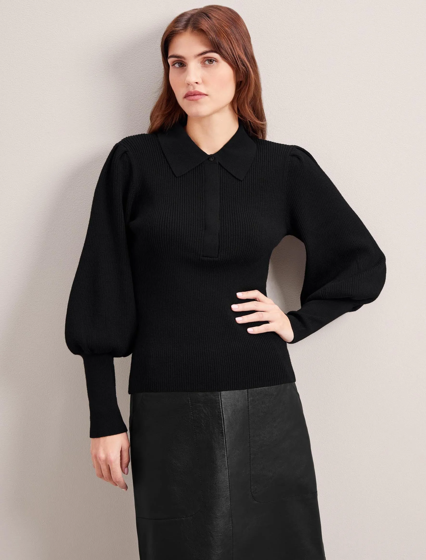 Eva Merino Wool Collared Jumper - Black