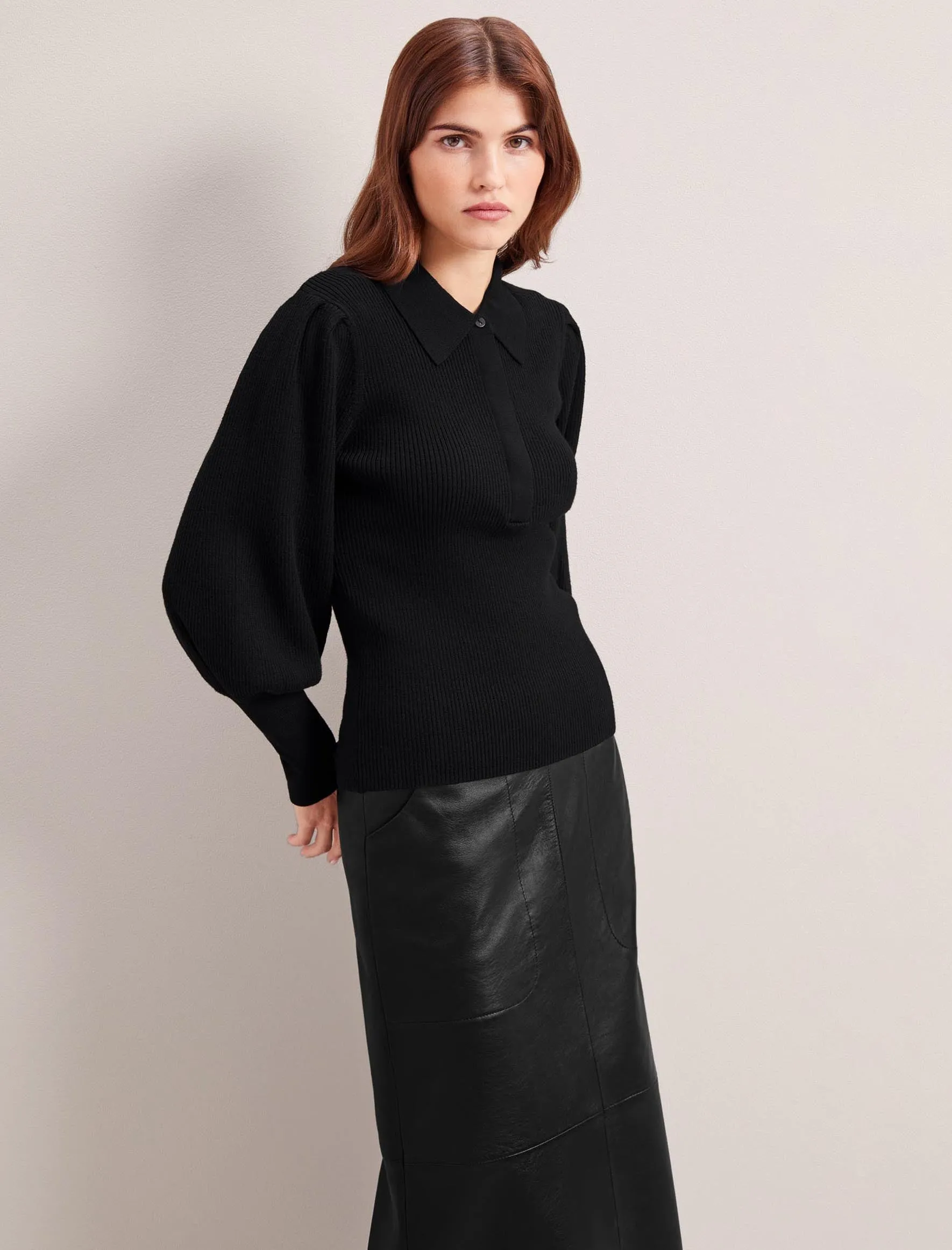 Eva Merino Wool Collared Jumper - Black