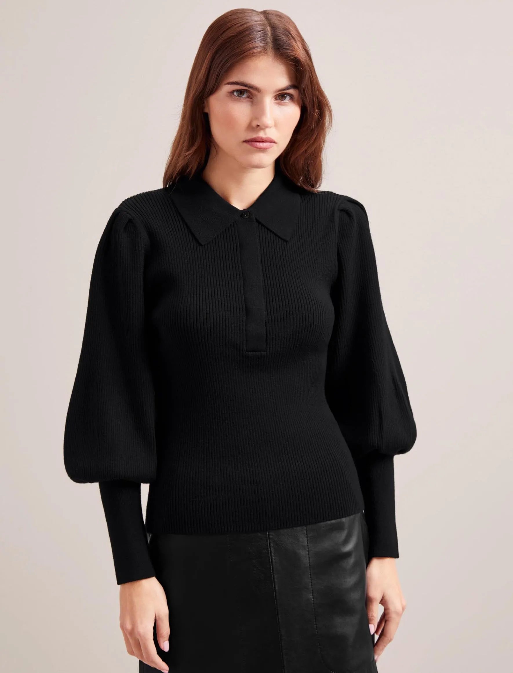 Eva Merino Wool Collared Jumper - Black