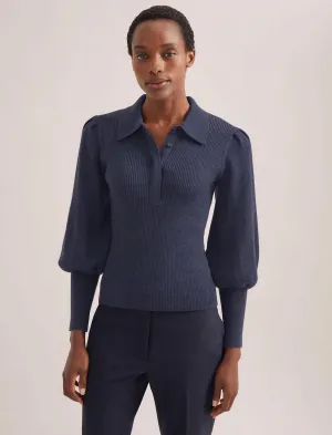 Eva Merino Wool Collared Jumper - Denim Blue