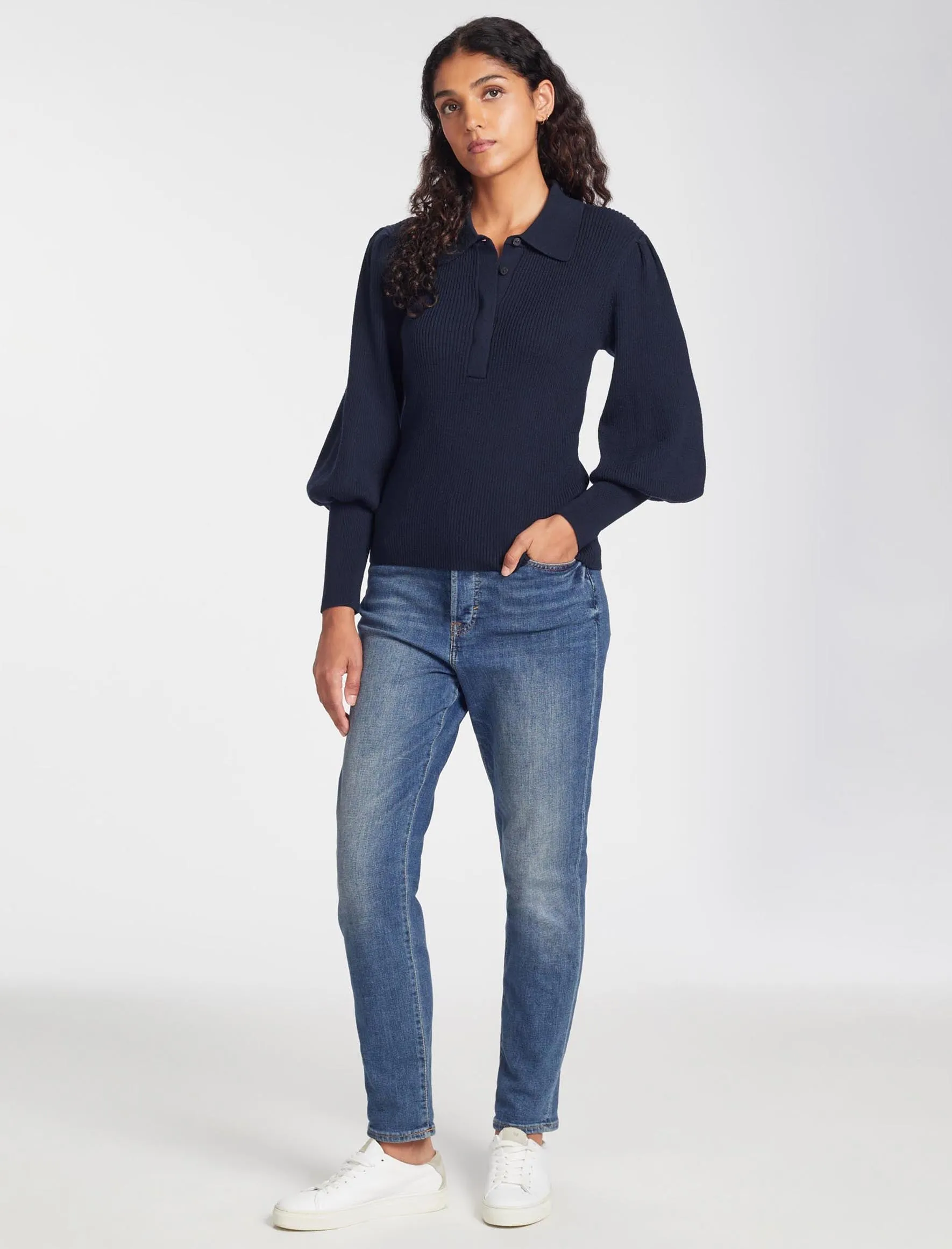 Eva Merino Wool Collared Jumper - Navy