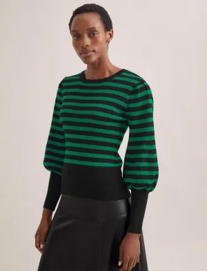 Eva Wool Crew Neck Jumper - Black Emerald Green Stripe