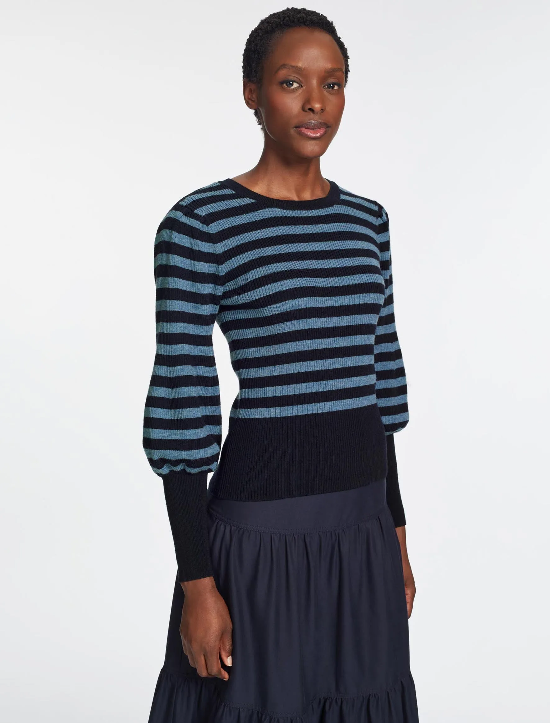 Eva Wool Crew Neck Jumper - Navy Pale Blue Stripe