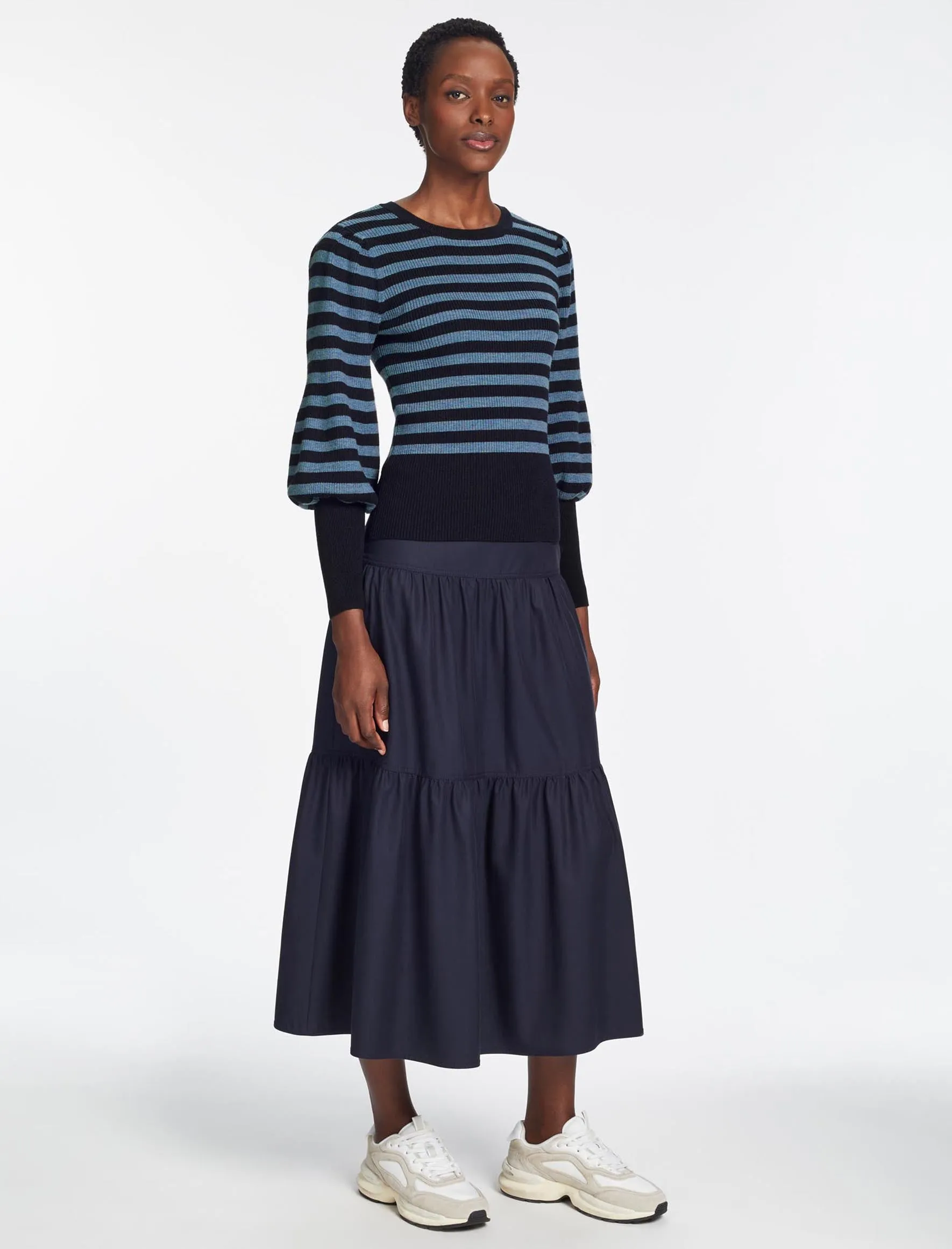 Eva Wool Crew Neck Jumper - Navy Pale Blue Stripe