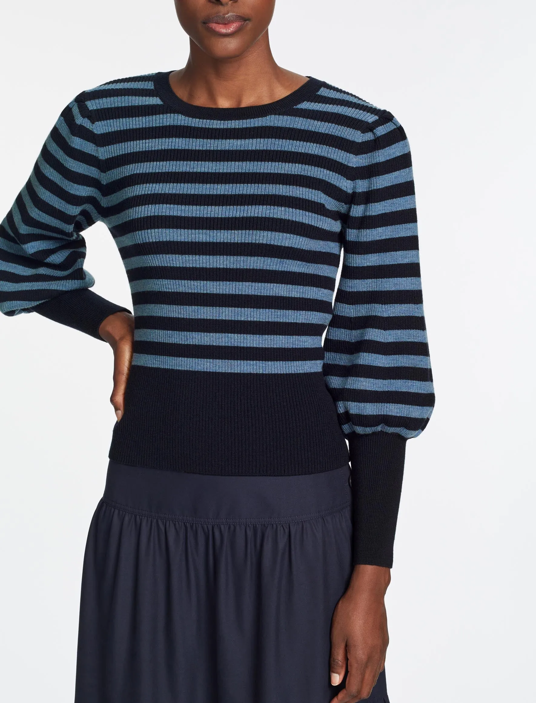 Eva Wool Crew Neck Jumper - Navy Pale Blue Stripe