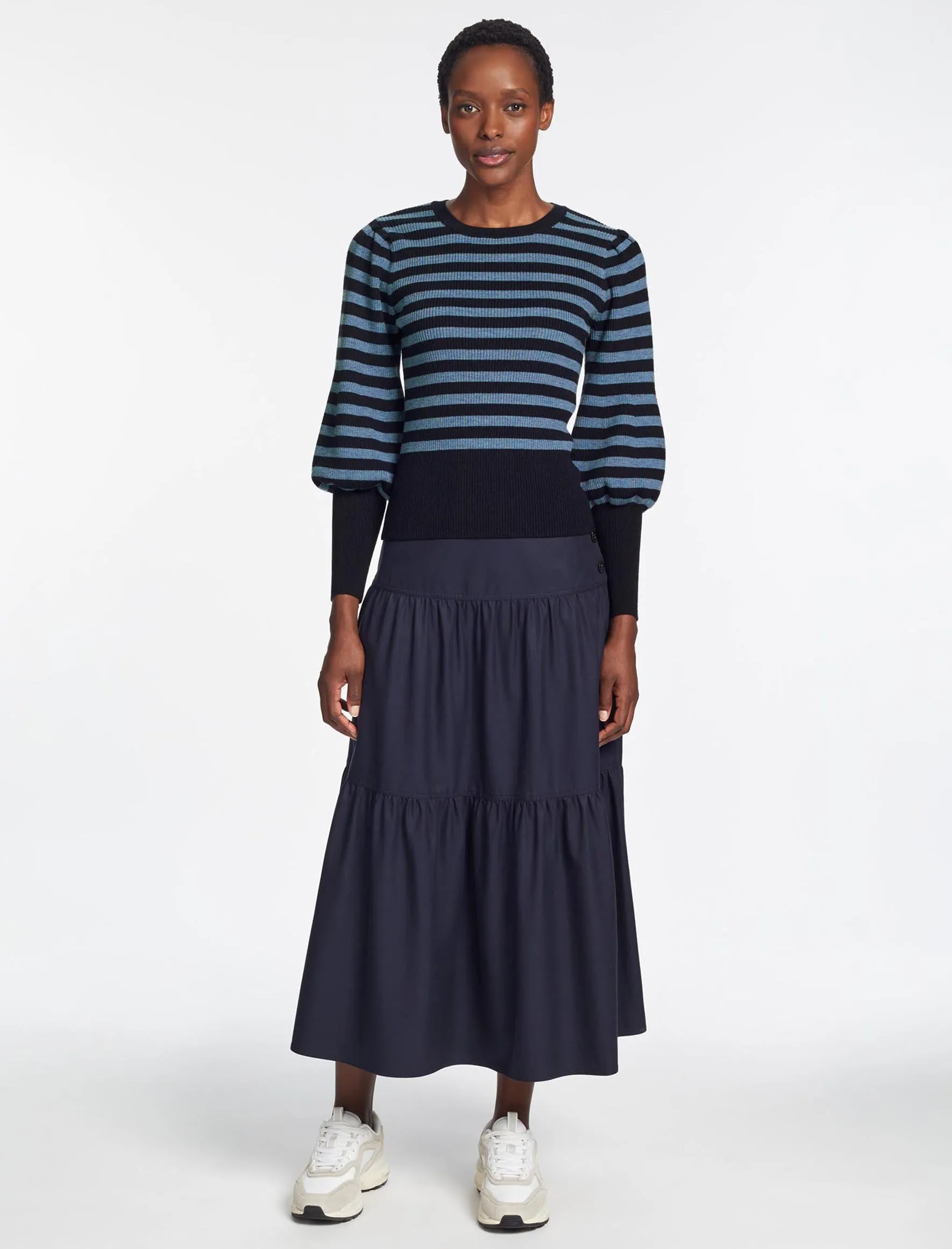 Eva Wool Crew Neck Jumper - Navy Pale Blue Stripe