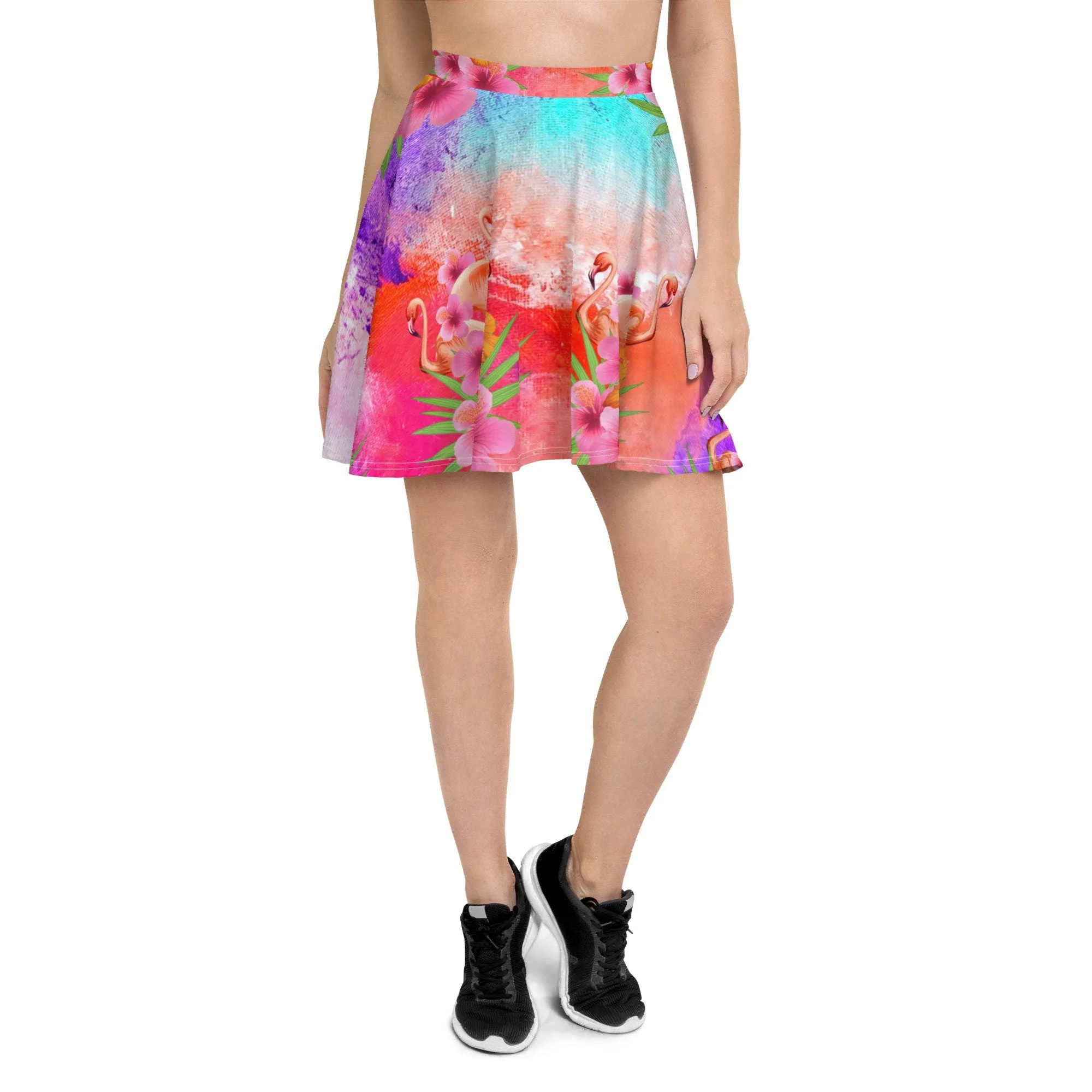 FLAMINGOS CORAL WATERCOLOR OMBRE SKATER SKIRT