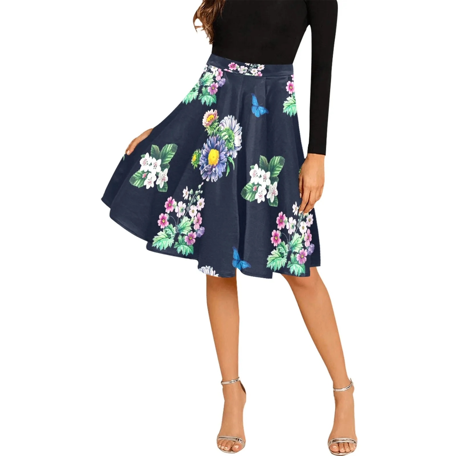 floral blue print 5 Melete Pleated Midi Skirt (Model D15)