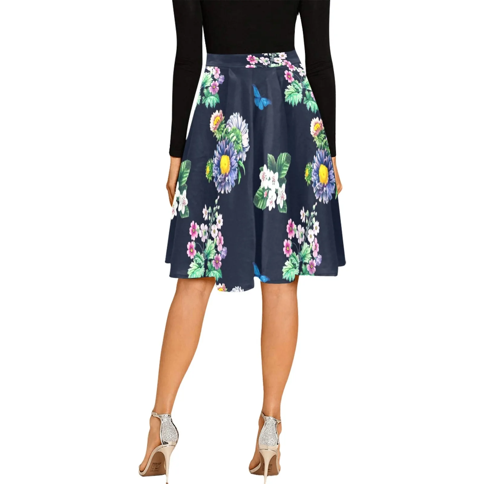 floral blue print 5 Melete Pleated Midi Skirt (Model D15)