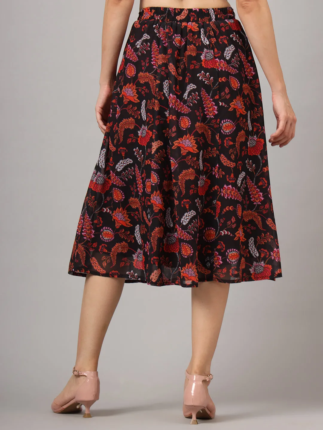 Floral Printed Flared Midi Skirt