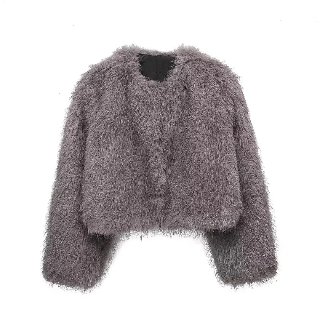 Fluffy Faux Fur Jacket - O-Neck Vintage