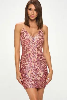 Gianni Sequin Damask Bodycon Mini - Fuchsia