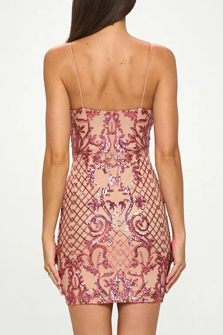 Gianni Sequin Damask Bodycon Mini - Fuchsia