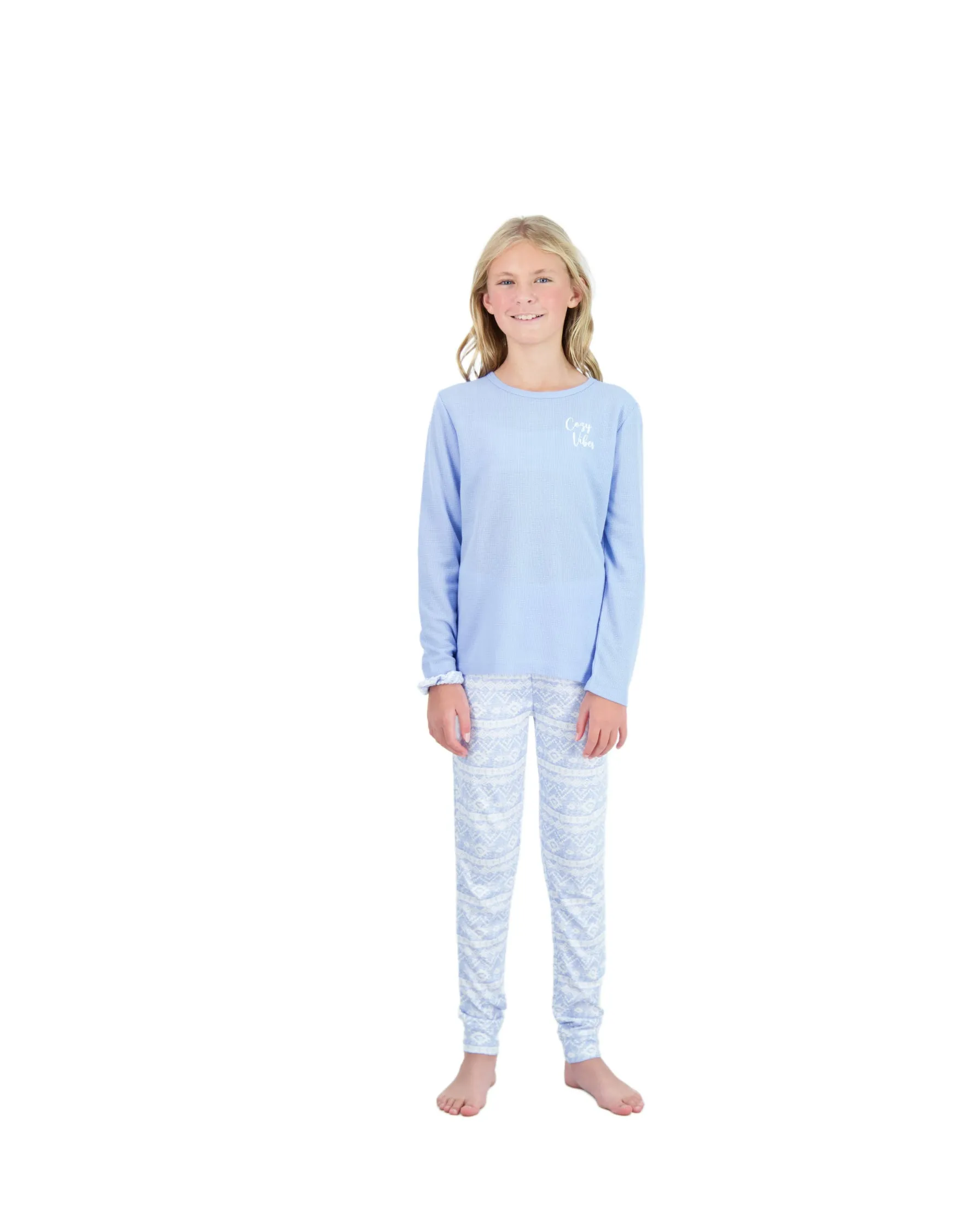 Girls 2-Piece Hacci Pajama Set- Cozy Vibes, Blue Pajama Set for Girls with Matching Scrunchie