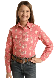 Girl's Panhandle Cactus Print Long Sleeve Snap Shirt