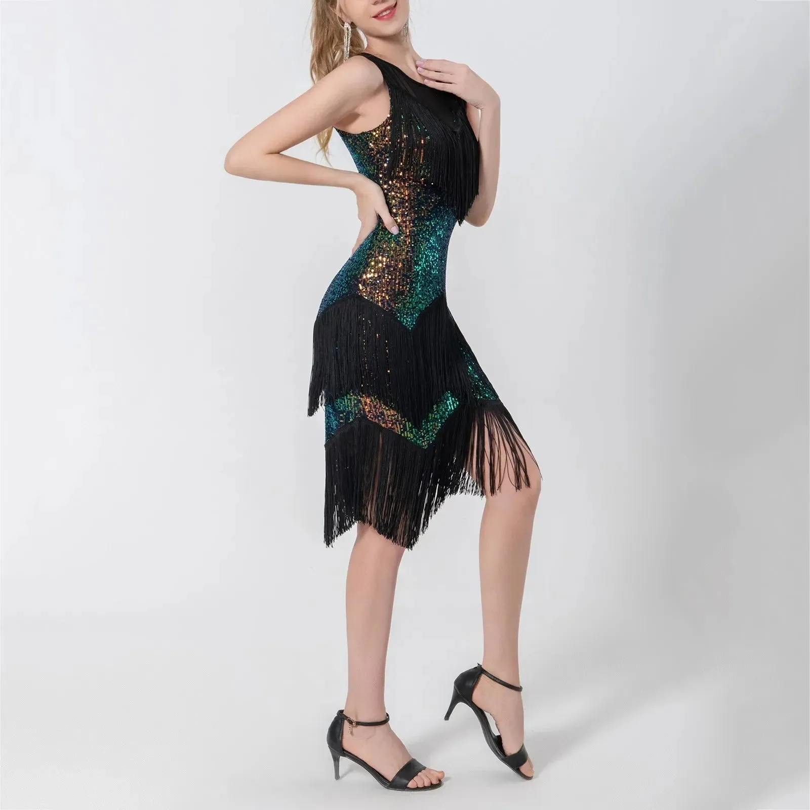 Glittery Roaring Tassel Latin Dance Sexy Sparkly Bodycon Casual Sequins Dress