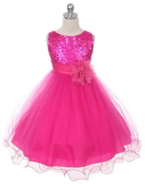 Glittery Sequined Bodice and Double Layered Mesh Dress - Fuchsia