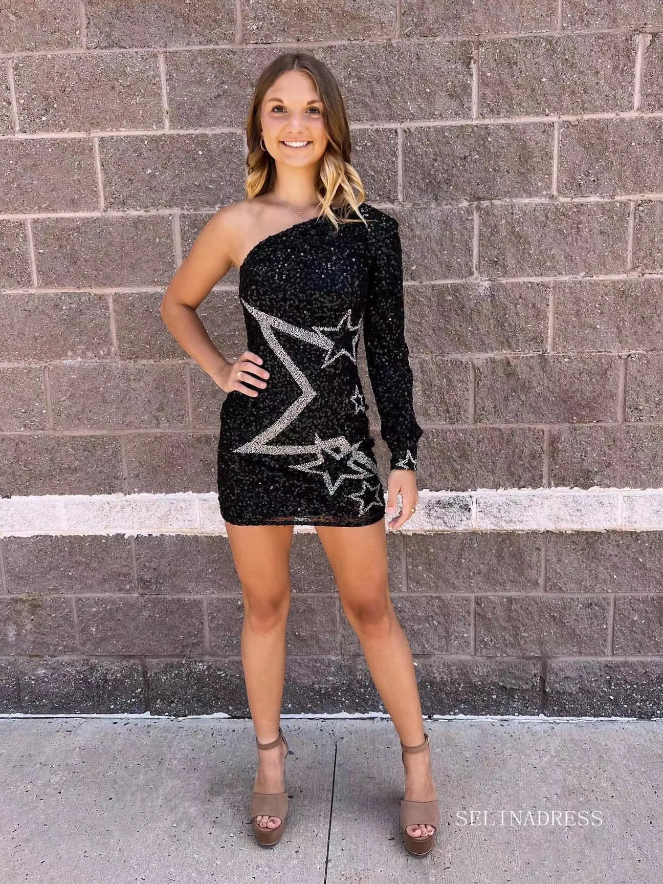 Glittery Sequins One Shoulder Homecoming Dresses 2022 Bodycon Black Mini Cocktail Dresses #TKL017