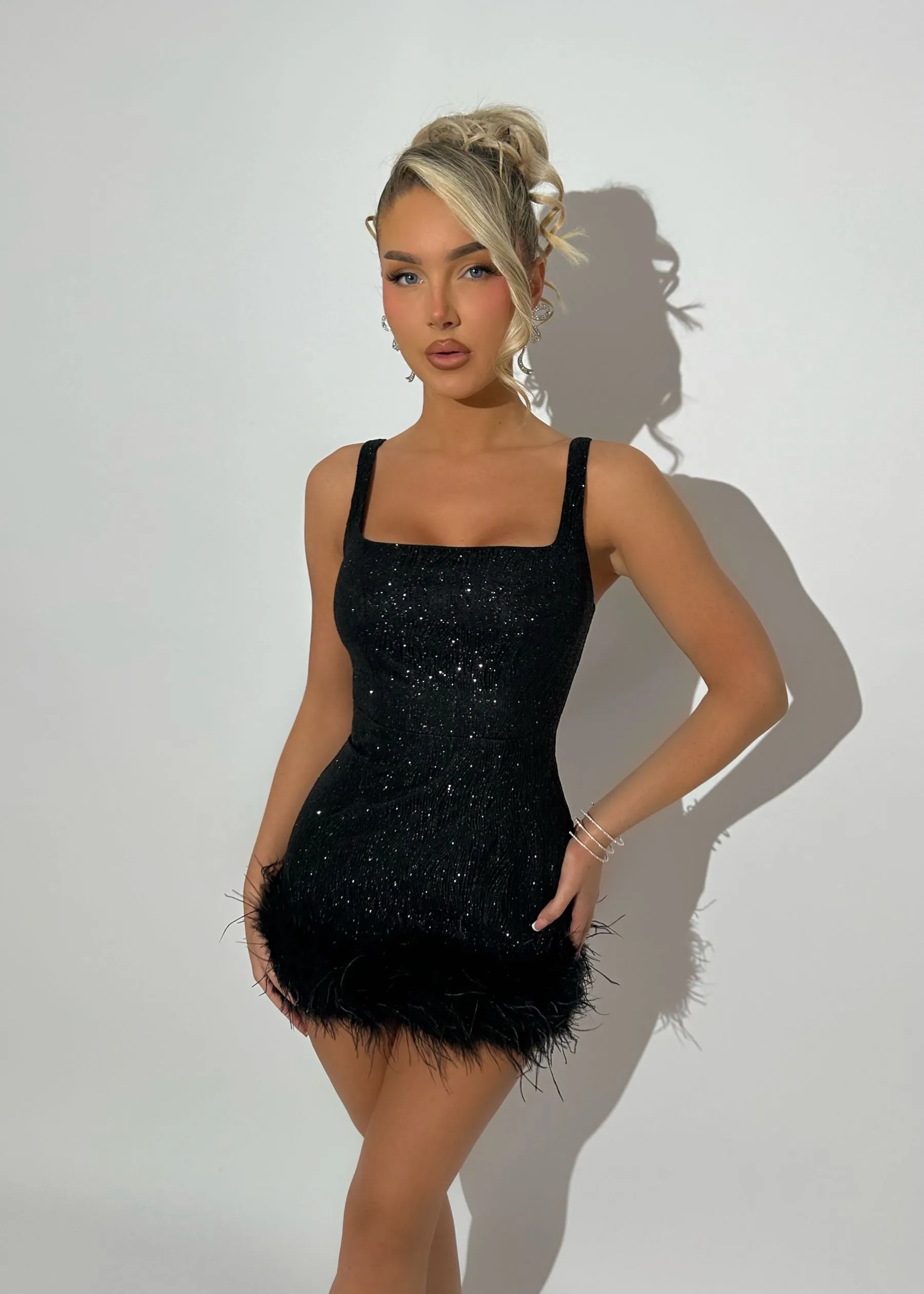 Glitz and Glamour Glitter Feather Detail Mini Dress - Black